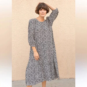 Ali Golden Printed MIDI Peasant Dress Black White 100% Silk Size S